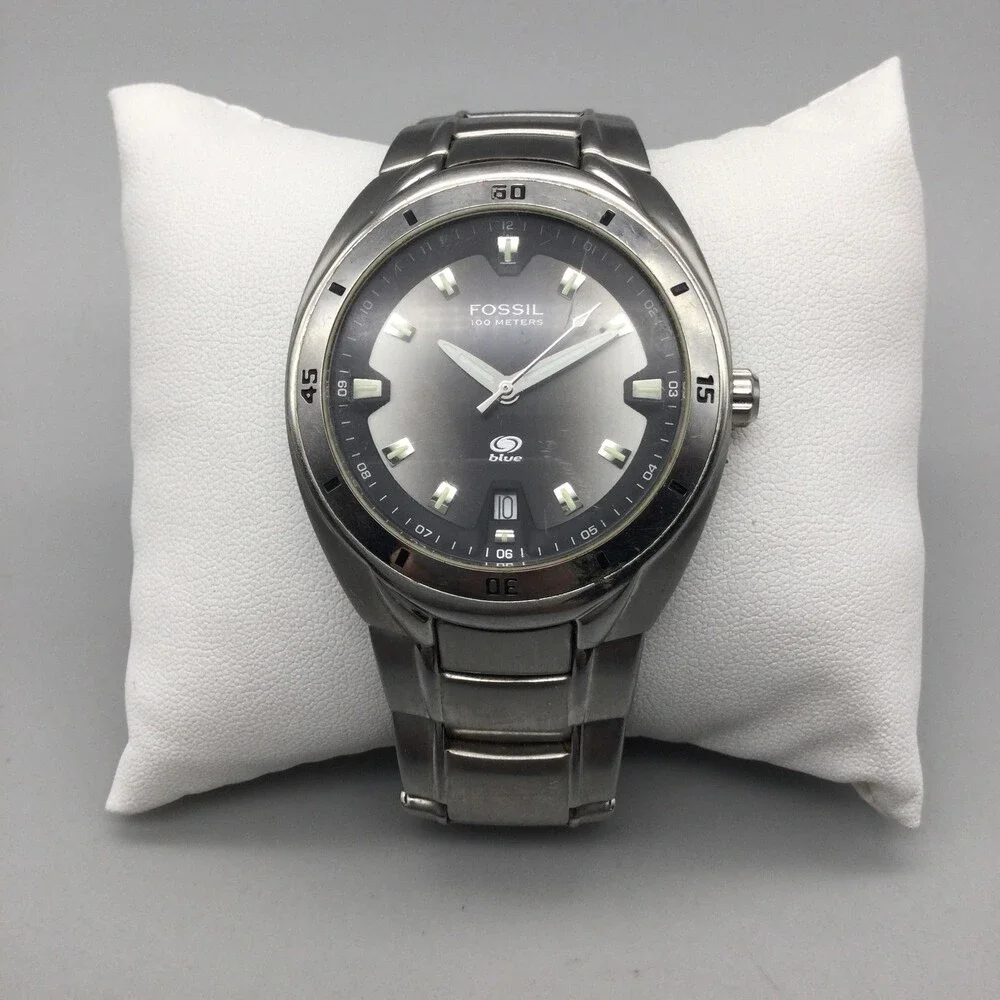 Fossil Blue AM-3752 Mens Watch 40mm Silver Dial Stainless Date New Battery 7.75